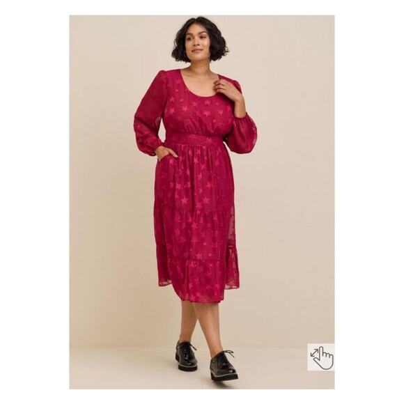 Torrid Purple Pink Clip Dot Star Chiffon Tiered Midi Dress Sz.4 NWT - Picture 1 of 9